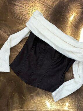 Musera brown faux leather corset style top with attached cream furry top